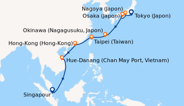 Itinéraire de la croisière Tokyo (Japon), Nagoya (Japon), Osaka (Japon),...