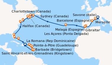 Itinéraire de la croisière Italie, France, Espagne, Gibraltar, Açores, Canada, États-Unis, Floride (USA), Rép.Dominicaine, Antilles, Iles Vierges