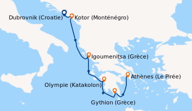 Itinéraire de la croisière Escapade Méditerranéenne : croisière à la découverte des trésors de la Grèce et de l'Adriatique - Des remparts de Dubrovnik à l'Acropole d'Athènes (formule port/port) (DKI_PP)