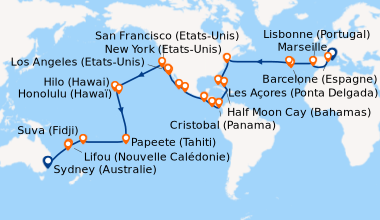 Itinéraire de la croisière France, Espagne, Portugal, Açores, États-Unis, Floride (USA), Mexique, États-Unis, Hawaii, Polynésie, Fiji, Australie