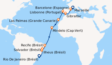 Itinéraire de la croisière France, Espagne, Gibraltar, Portugal, Canaries, Cap Vert, Brésil