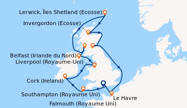 Itinéraire de la croisière Southampton (Royaume Uni) , Falmouth (Royaume...