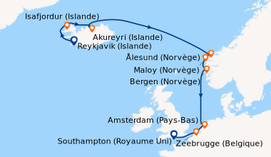 Itinéraire de la croisière Reykjavik (Islande), Isafjordur (Islande), Ak...