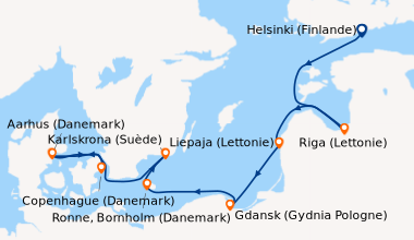 Itinéraire de la croisière Helsinki (Finlande), En mer, Riga (Lettonie),...