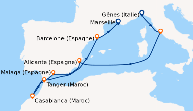 Itinéraire de la croisière Gênes (Italie), Rome (Civitavecchia), En mer,...