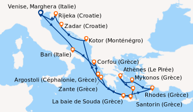 Itinéraire de la croisière Italie, Grèce, Montenegro, Croatie