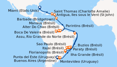 Itinéraire de la croisière Buenos Aires (Argentine), Montevideo (Uruguay...