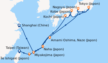 Itinéraire de la croisière Shanghai (Chine), En mer, Miyakojima (Japon),...