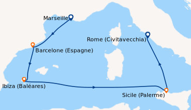 Itinéraire de la croisière France, Espagne, Baléares, Italie