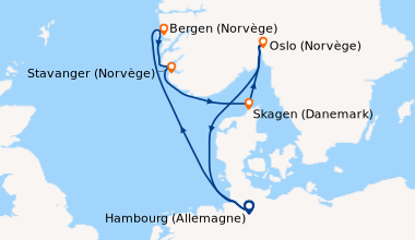 Itinéraire de la croisière Hambourg (Allemagne), En mer, Bergen (Norvège...