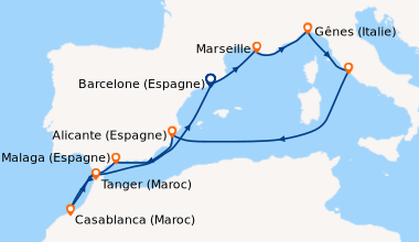 Itinéraire de la croisière Barcelone (Espagne), Marseille, Gênes (Italie...