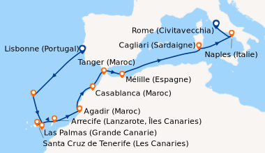 Itinéraire de la croisière Lisbonne (Portugal), En mer, Madère (Funchal)...