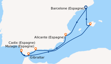 Itinéraire de la croisière Barcelone (Espagne), Alicante (Espagne), Mala...
