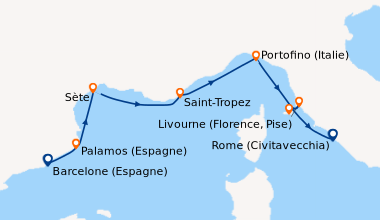 Itinéraire de la croisière Barcelone (Espagne), Palamos (Espagne), Sète,...