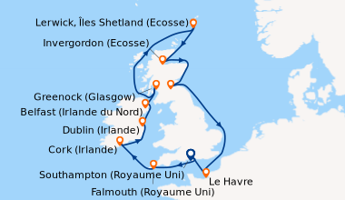 Itinéraire de la croisière Southampton (Royaume Uni) , Falmouth (Royaume...
