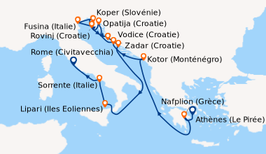 Itinéraire de la croisière Athènes (Le Pirée), Nafplion (Grèce), En mer,...