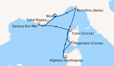 Itinéraire de la croisière Nice, Portofino (Italie), Propriano (Corse), ...
