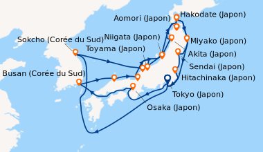 Itinéraire de la croisière Tokyo (Japon), En mer, Osaka (Japon), En mer,...