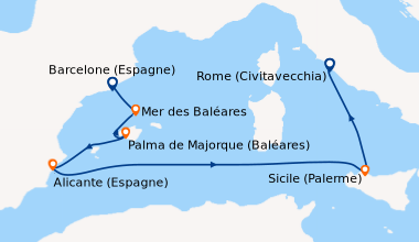 Itinéraire de la croisière Espagne, Baléares, Italie