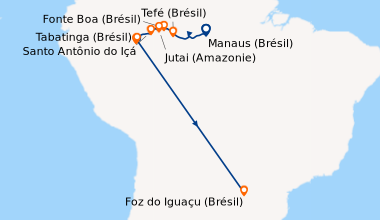 Itinéraire de la croisière Croisière au coeur de l'Amazonie Originelle - Une exploration aux confins de la jungle, entre le Brésil et la Colombie - Et séjour d'exception aux chutes d'Iguaçu (MTA_IGUPP)