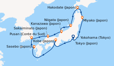 Itinéraire de la croisière Yokohama (Tokyo), En mer, Kobe (Japon), En me...