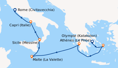 Itinéraire de la croisière Athènes (Le Pirée), Mykonos (Grèce), Olympie ...