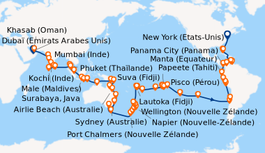 Itinéraire de la croisière Un Monde Infini 112 nuits