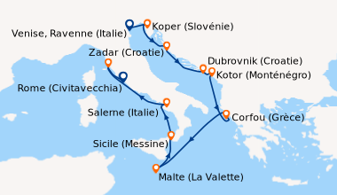 Itinéraire de la croisière Venise, Ravenne (Italie), Koper (Slovénie), Z...