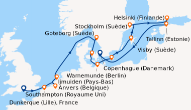 Itinéraire de la croisière Southampton (Royaume Uni) , Dunkerque (Lille)...