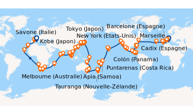 Itinéraire de la croisière Italie, France, Espagne, Portugal, Açores, États-Unis, Floride (USA), Panama, États-Unis, Hawaii, Nouvelle-Zélande, Australie