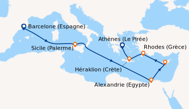 Itinéraire de la croisière Barcelone (Espagne), En mer, Sicile (Palerme)...