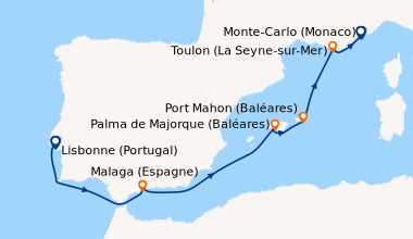 Itinéraire de la croisière Lisbonne (Portugal), En mer, Malaga (Espagne)...