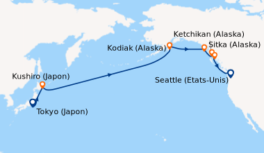 Itinéraire de la croisière Tokyo (Japon), En mer, Kushiro (Japon), En me...