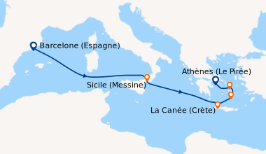 Itinéraire de la croisière Barcelone (Espagne), En mer, Sicile (Messine)...