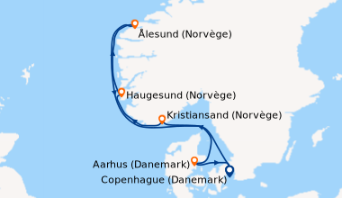 Itinéraire de la croisière Copenhague (Danemark), Kristiansand (Norvège)...