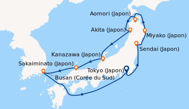 Itinéraire de la croisière Tokyo (Japon), En mer, Sendai (Japon), Miyako...