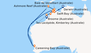 Itinéraire de la croisière Le Kimberley emblématique