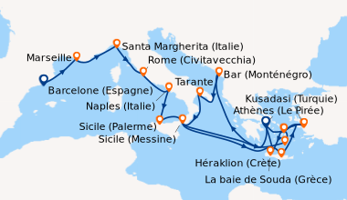 Itinéraire de la croisière Barcelone (Espagne), Marseille, Gênes (Italie...