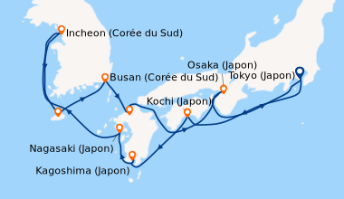 Itinéraire de la croisière Tokyo (Japon), En mer, Kochi (Japon), Kagoshi...