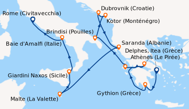 Itinéraire de la croisière Athènes (Le Pirée), Gythion (Grèce), En mer, ...