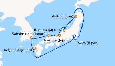 Itinéraire de la croisière Tokyo (Japon), En mer, Akita (Japon), Toyama ...