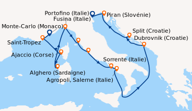Itinéraire de la croisière Monte-Carlo (Monaco), Saint-Tropez, Ajaccio (...