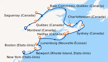 Itinéraire de la croisière Montreal (Canada), Québec (Canada), Saguenay ...