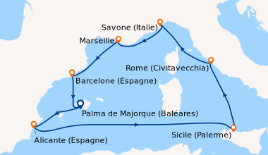 Itinéraire de la croisière Baléares, Tunisie, Italie, France, Espagne