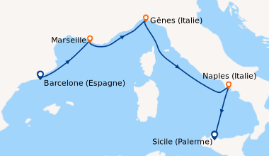 Itinéraire de la croisière Barcelone (Espagne), Marseille, Gênes (Italie...