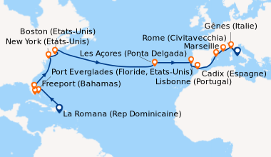 Itinéraire de la croisière Rép.Dominicaine, Bahamas, Floride (USA), États-Unis, Açores, Portugal, Espagne, France, Italie