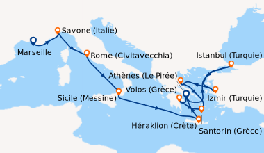 Itinéraire de la croisière France, Italie, Grèce, Turquie