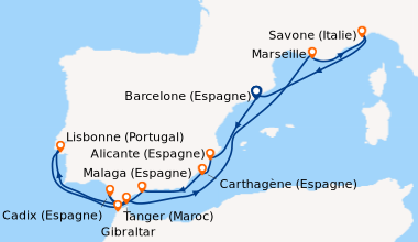 Itinéraire de la croisière Espagne, Maroc, Gibraltar, Portugal, France, Italie