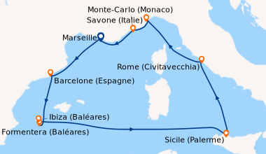 Itinéraire de la croisière LA MÉDITERRANÉE DANS SES LUMIÈRES LES PLUS SPECTACULAIRES