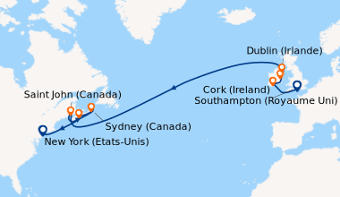 Itinéraire de la croisière Southampton (Royaume Uni) , En mer, Cork (Ire...